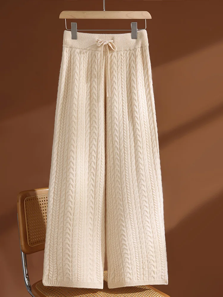 

TLOML Women's 100% Merino Wool Casual Wide Leg Cable Knit Pants Autumn Winter Cashmere Soft Warm Popular Comfy Knitwear Trousers