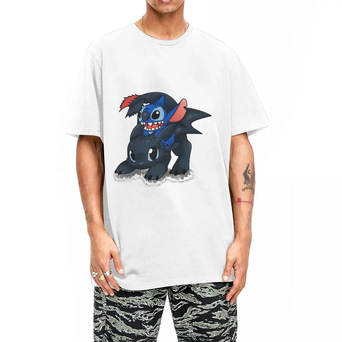 Novelty Stitch Toothless Crossover T-Shirt for Men Women Crewneck Pure Cotton T Shirts Short Sleeve Tees Plus Size Clothing