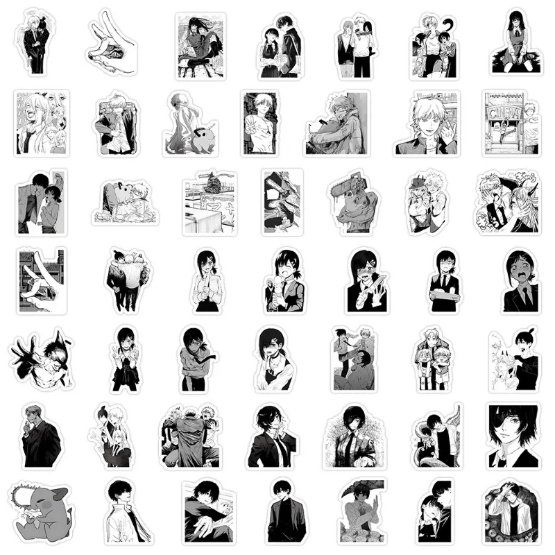 104pcs Black White Chainsaw Man Anime Stickers DIY Skateboard Luggage Helmet Phone Cool Cartoon Graffiti Decals Toy