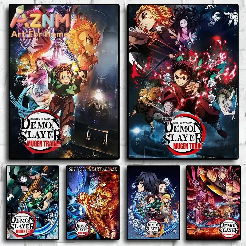 AZNM Demon Slayer Mugen Train Anime Canvas Wall Art Tanjiro Rengoku Nezuko Manga Scene Canvas Print Bedroom Decor Poster