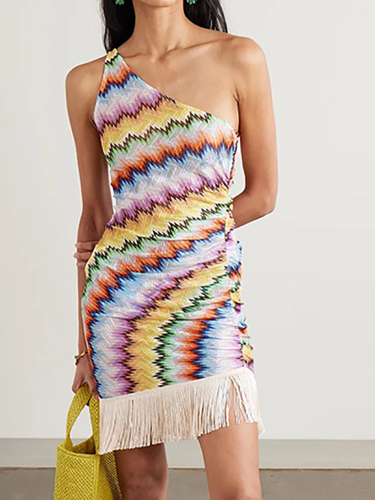 Sommer-Damen-Minikleid mit Skew-Kragen-Aufdruck, Urlaub, ärmelloses Patchwork-Chic-Partykleid, neues Quasten-Mode-einfaches Damenkleid