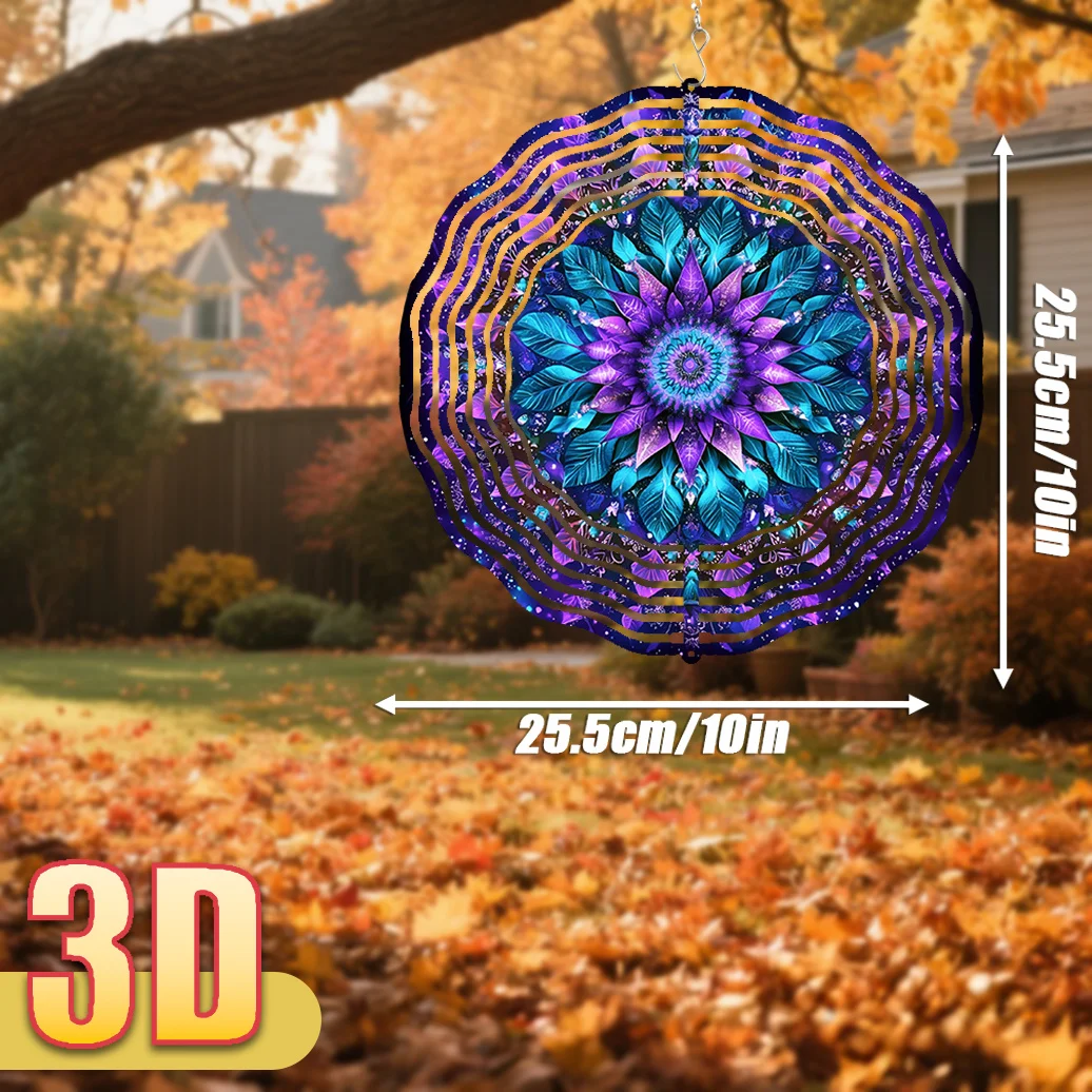 3D Vibrant Floral Mandala Wind Spinner - 10 Inch Metal Art with 360 Swivel Hook for Indoor Outdoor Garden Gift