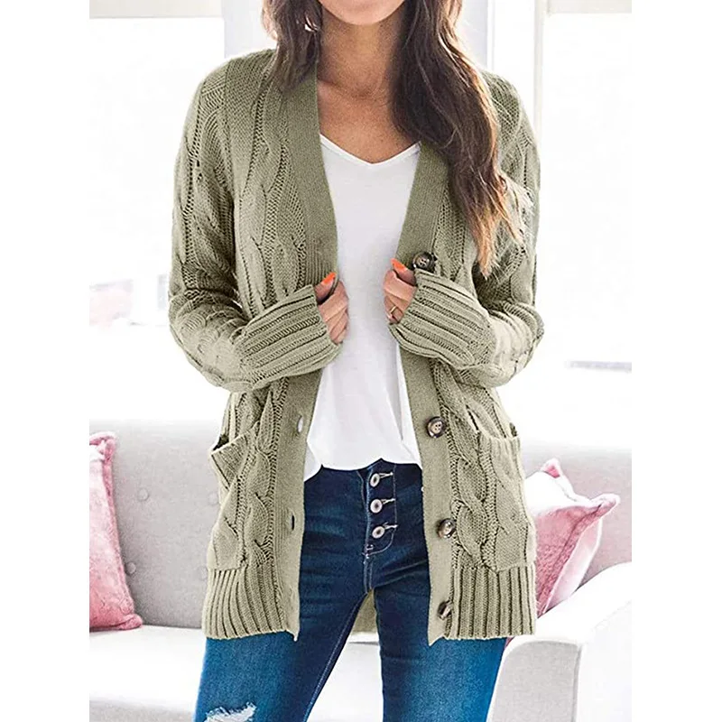 New in Women Sweater Coat Solid Color Long Sleeve Button Down Cable Knit Jacket with Pocket Loose Fit Cardigan Sweater for Lady