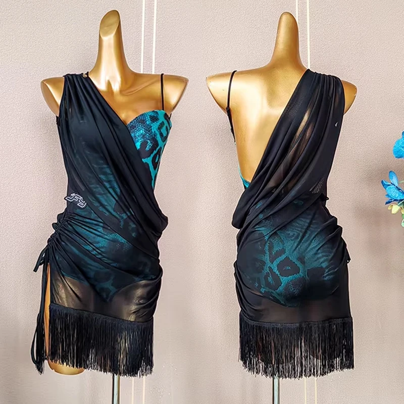 النساء اللاتينية ملابس الرقص يوتار ارتداءها شبكة سوداء سموك فستان تشا تشا سامبا الرقص ممارسة الزي راقصة ملابس تدريب 3363