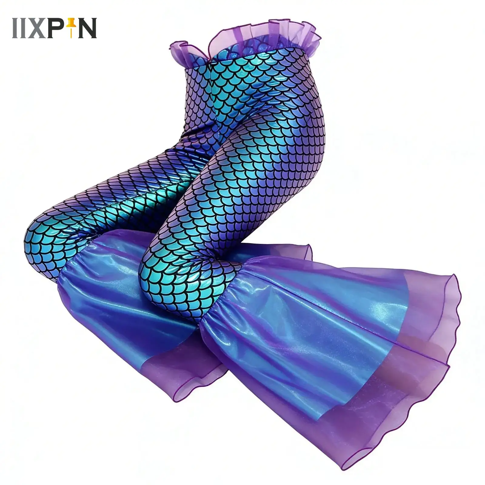 

Girls Mermaid Fish Scales Flared Pants Elastic Waist Ruffle Bell Bottom Trousers for Halloween Theme Party Princess Cosplay