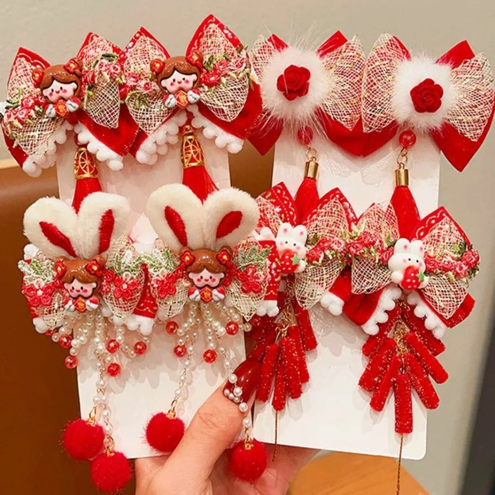 Cosplay bowknot crianças ano novo grampo de cabelo coelho bonito franja de pelúcia hairpin doce vermelho estilo chinês presilhas festival de primavera