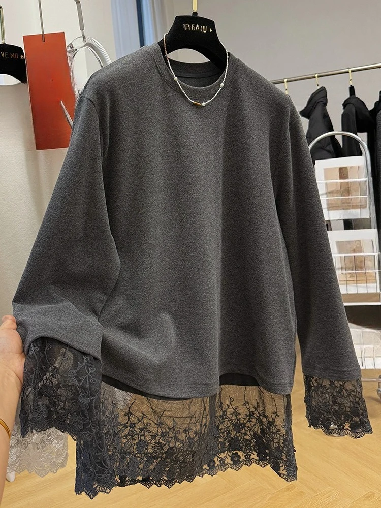 تي شيرت متطور مزين بالدانتيل بلون سادة وأكمام طويلة لربيع وخريف جديد في ملابس نسائية فضفاضة عصرية #3