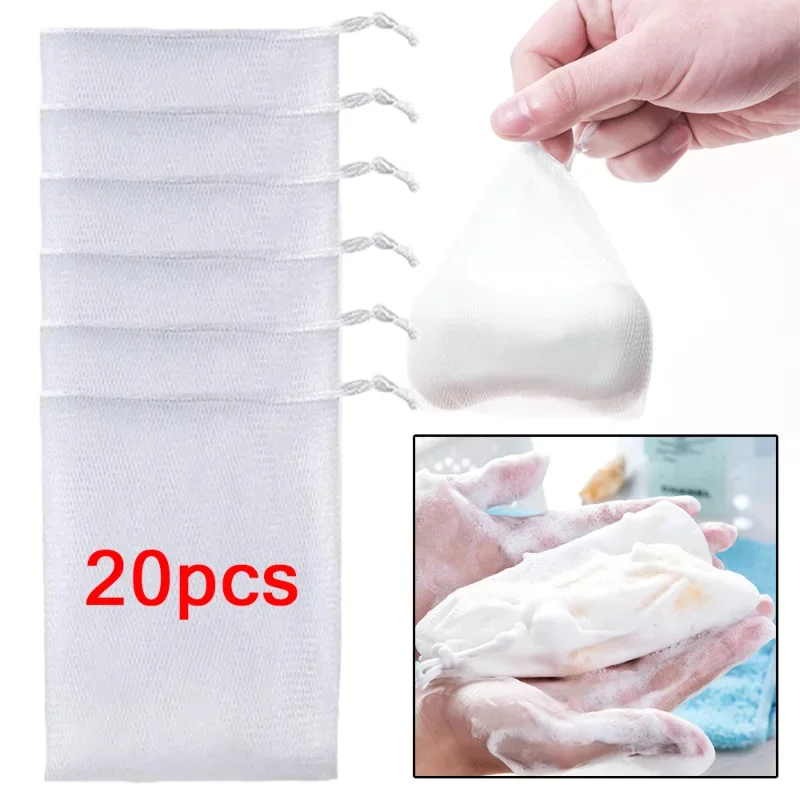 1/20PCS Foaming Net Facial Cleanser Soap Mesh Bag Body Wash Foaming Mesh Bag Drawstring Bag Foam Net Household Cleaning Supplies