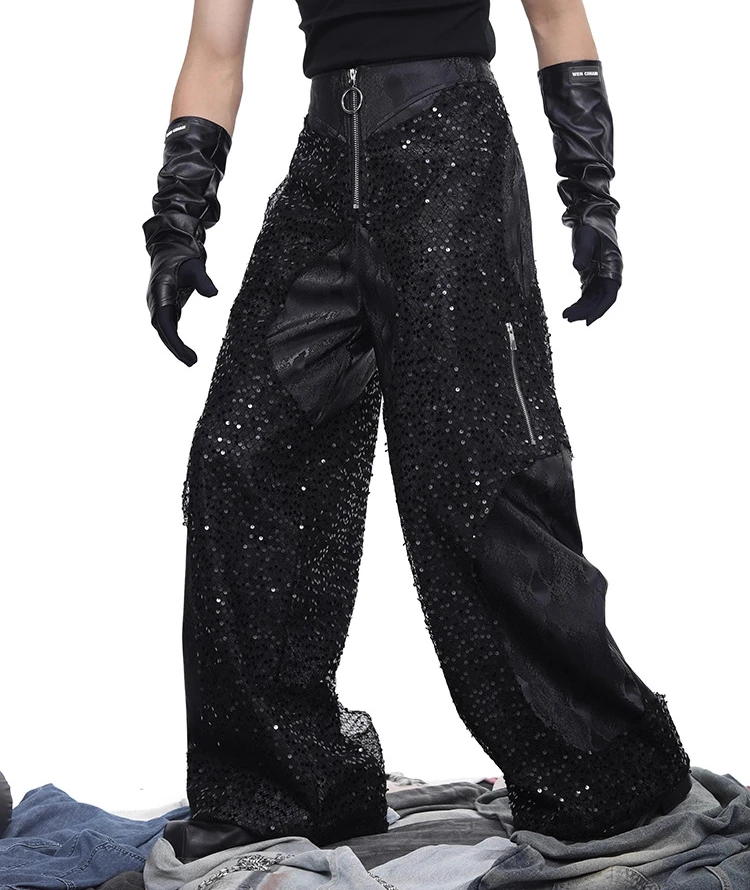 Men's 2025 Summer New Starry Sky Sequin Splicing Leather Cargo Pants Straight Wide-Leg Pants Male Multi Zipper Design Trousers