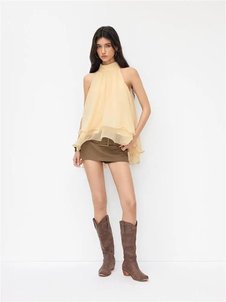 Lazy Summer Women's Chiffon Off-Shoulder Neck Hanging Blouse Flounce Hem CleanFit Loose Style NoBrand Polyester Fiber Sleeveless