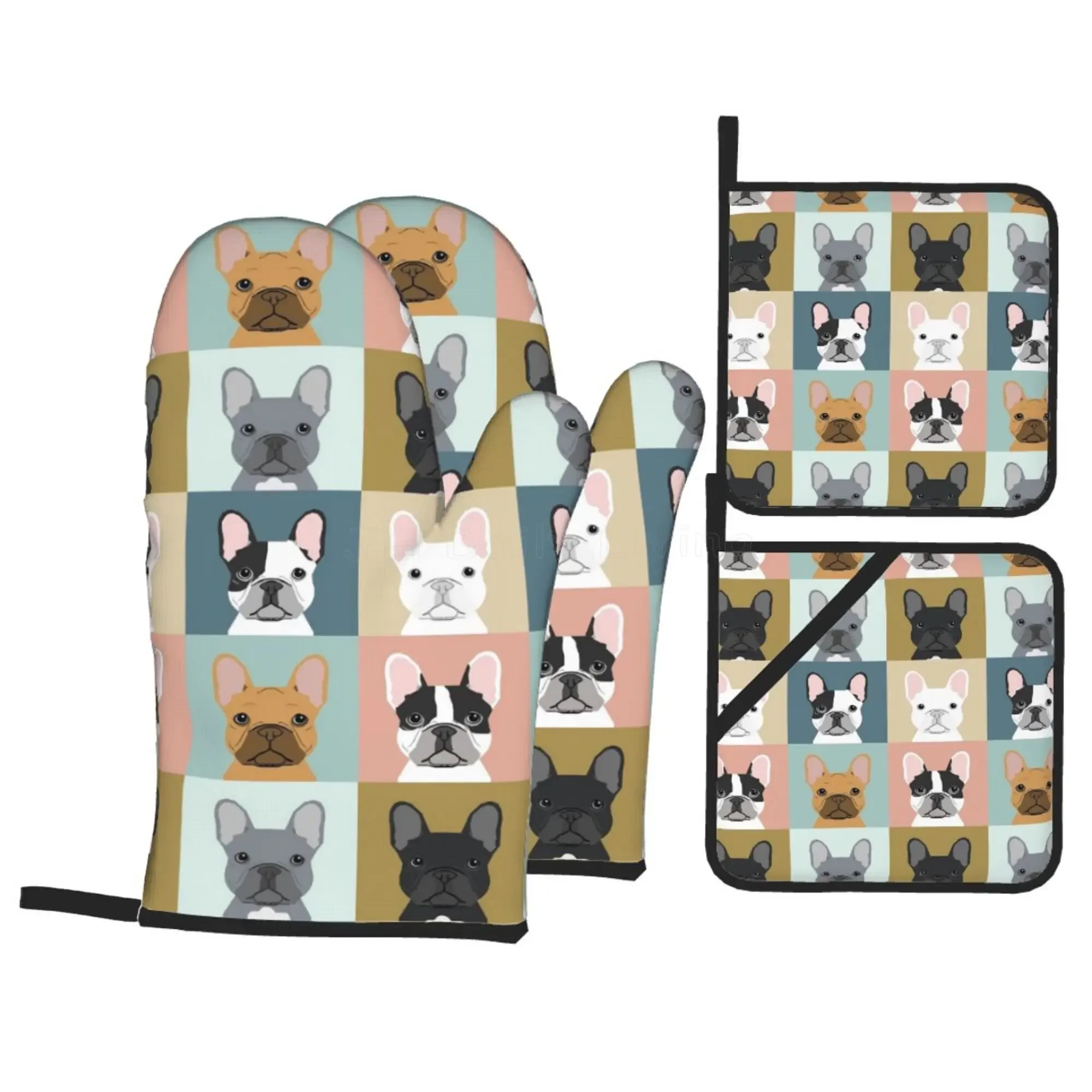 

Наборы из 4 кухонных термостойких нескользящих перчаток для духовки для собак с французскими бульдогами и подставок для безопасного приготовления барбекю, выпечки