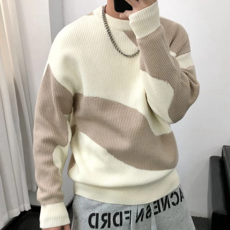 Man Clothes Round Collar Pullovers Knitted Sweaters for Men Crewneck Color Matching Black Cigaret Casual Korean Style Jumpers S