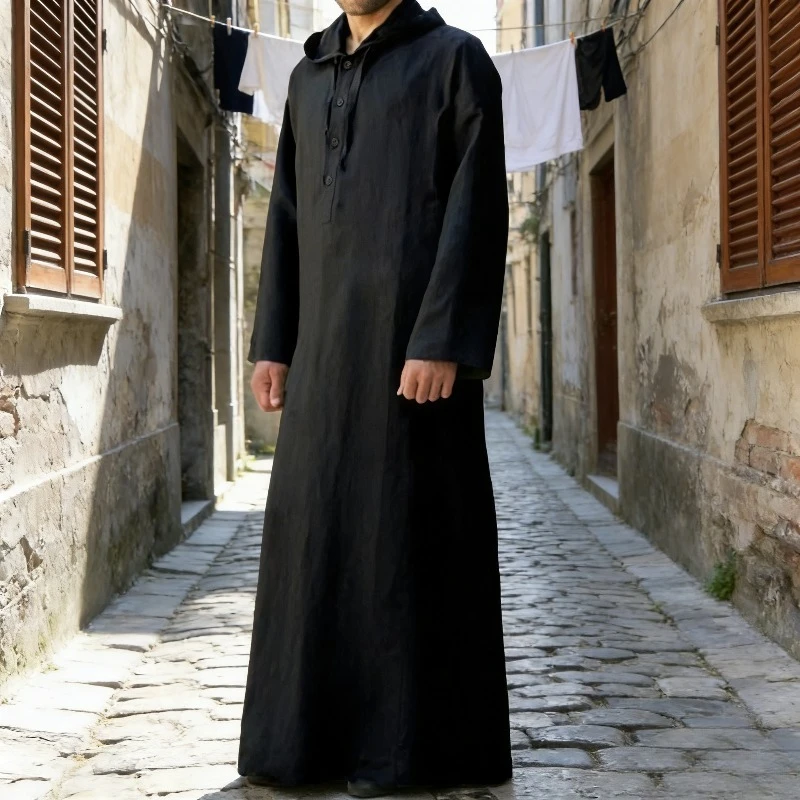

Arabic Style Hooded Robe Long Mens Muslim Prayer Robe Simple Daily Wear Religious Ceremonies