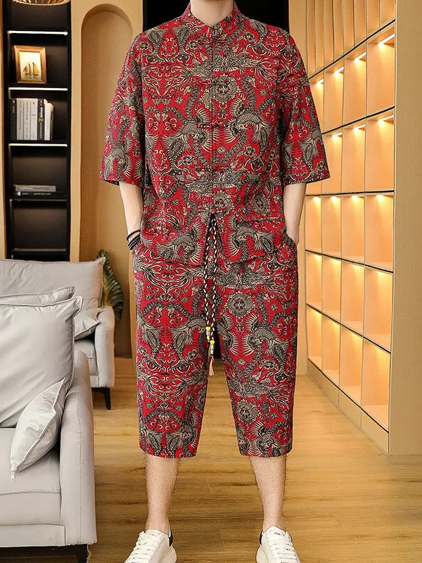 

Summer Cotton Shirt And Shorts Set Men's Traditional Chinese Style Five Sleeve Seven Pants Cotton 100% Youth Casual Sportswear