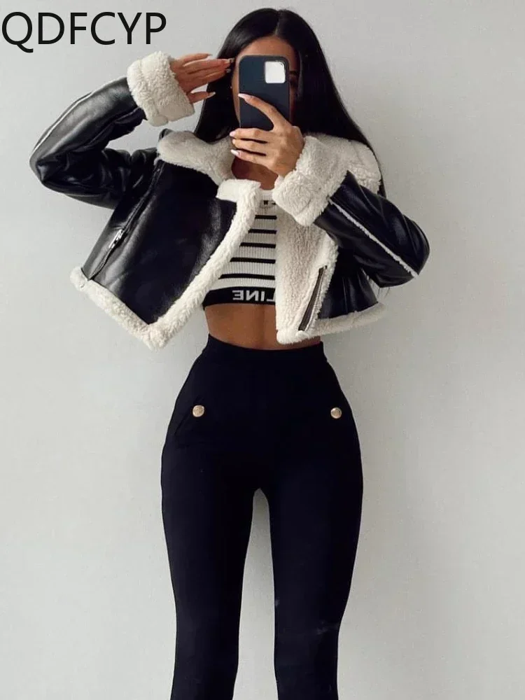 Autumn WinterNew Women\'s Coat Fashion Sweet PU Patchwork Short Top Simplicity Casual Loose Elegant Zipper Long Sleeve Jackets