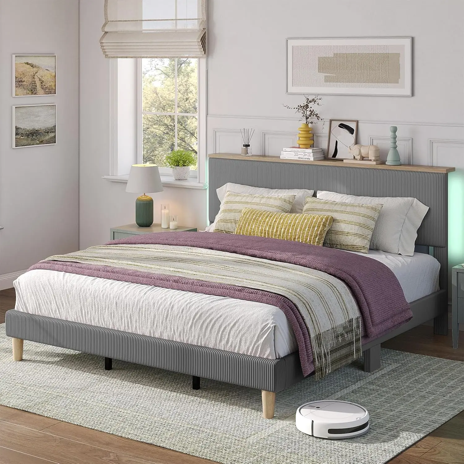 Bestier Queen Size Bed Frame with Headboard, Corduroy Upholstered Adjustable Platform Bed with Storage Shelf, Bedside LED Bed。