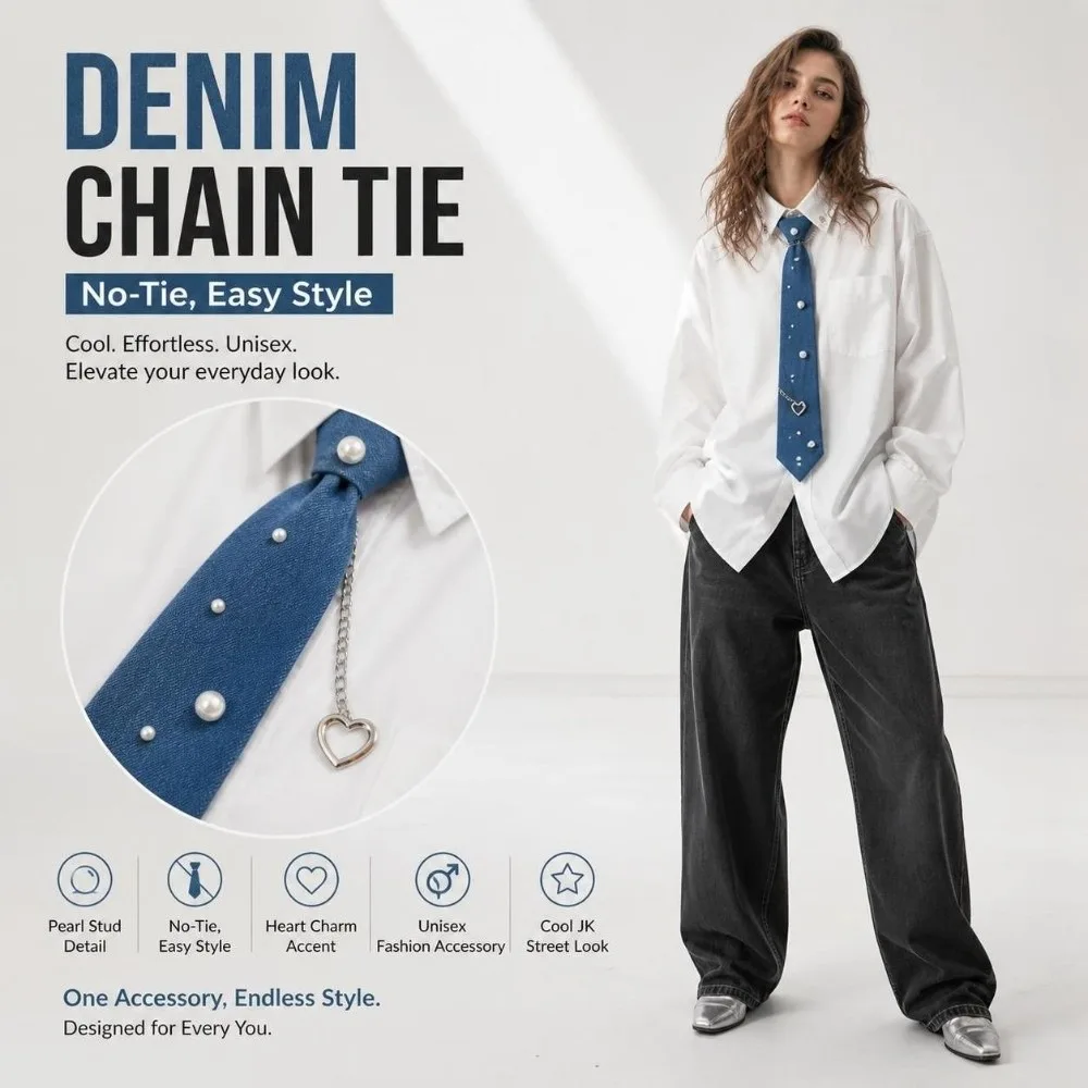 Cowboy Style Denim Pre Tied Necktie Beaded with Tassel Denim Chain Necktie Elastic Strap Adjustable Costume JK Tie‌