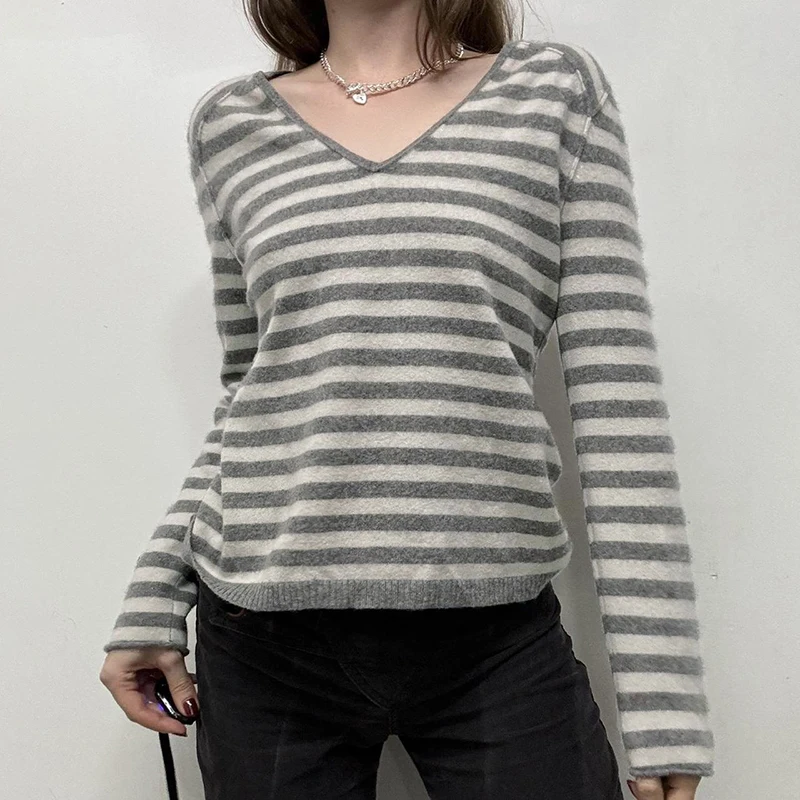 

Casual Basic Striped Sweaters Classy V-Neck Long Sleeve Knitted Pullovers Y2K Soft Loose Tops Women 2025 Autumn Winter Fashion