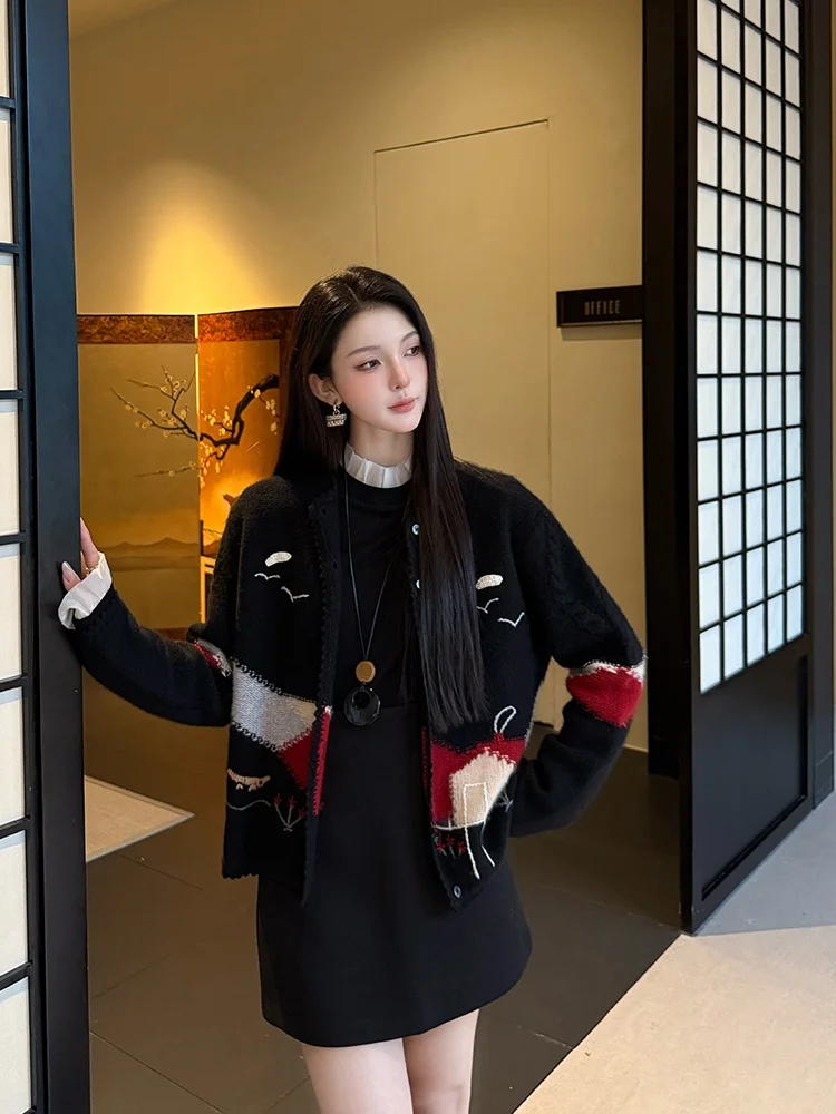 

Женский свободный свитер-кардиган с вышивкой, длинный рукав, круглый вырез, повседневный стиль, осенняя новинка YANYAN