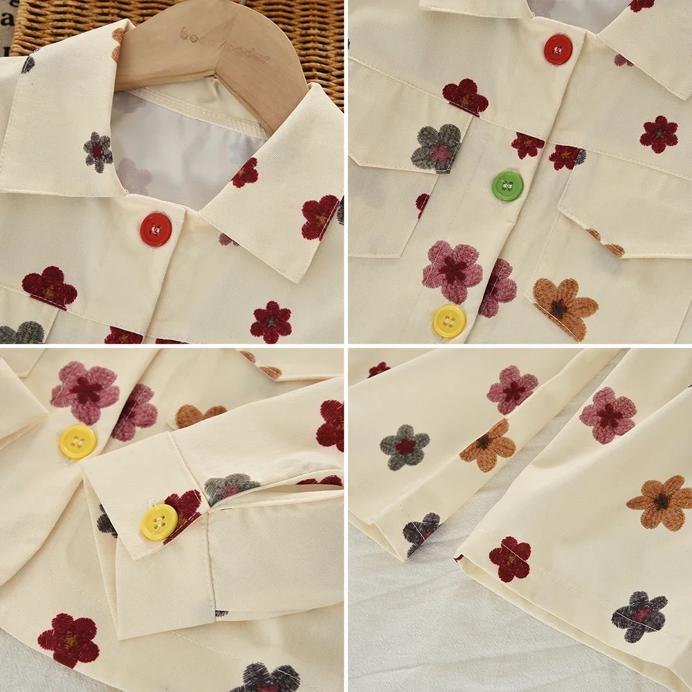 Herbst Mädchen Blumenprint Hemd-Jacke + Hose Kinder Bunte Knöpfe Revers-Mantel Lässiges Outfit Kleinkind Frühling Kleidungsset – Detail 11