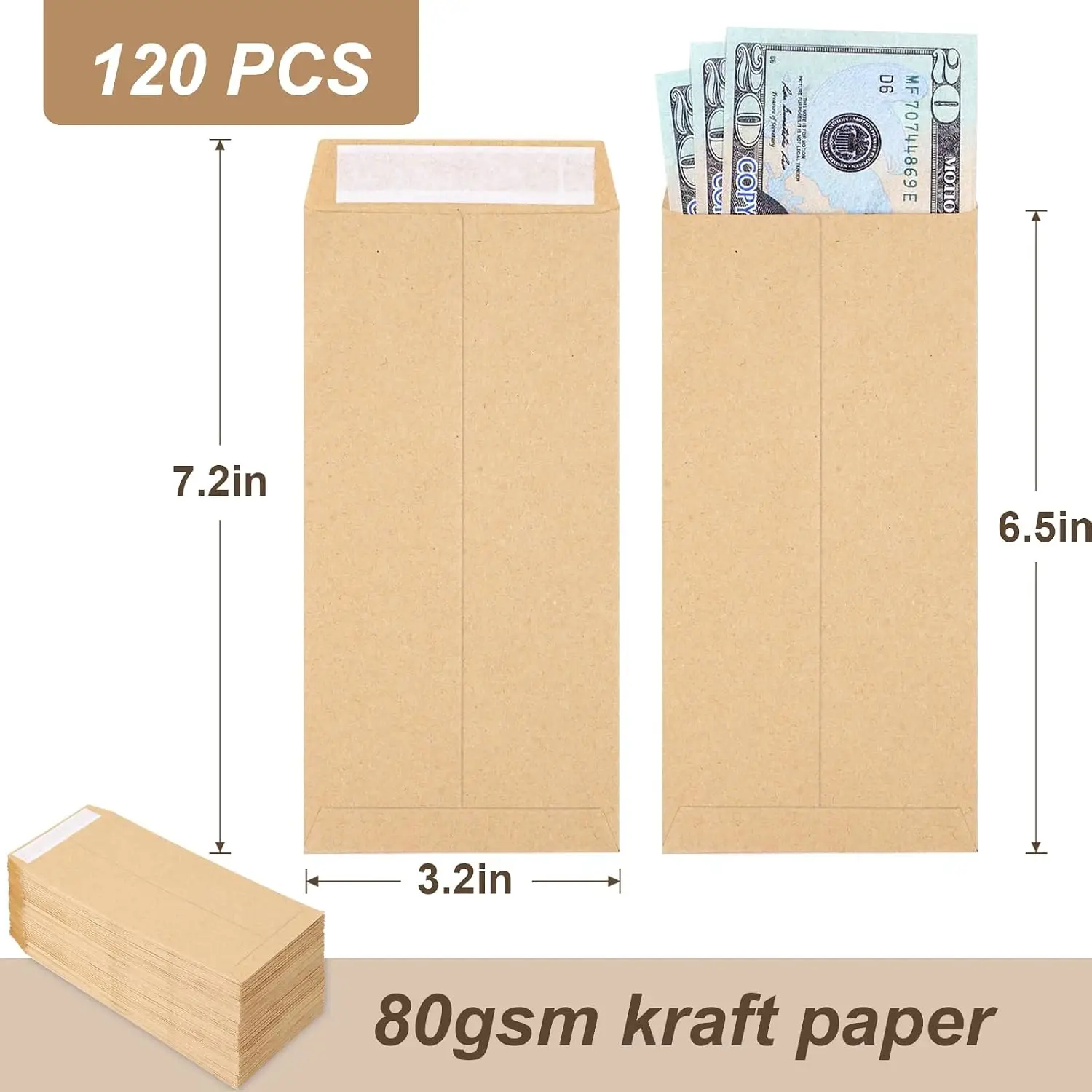 120 Kraft Paper Money Envelopes for Cash, 6.5x3.2 Self-Adhesive Small Coin Envelopes for Budgeting and Organizing