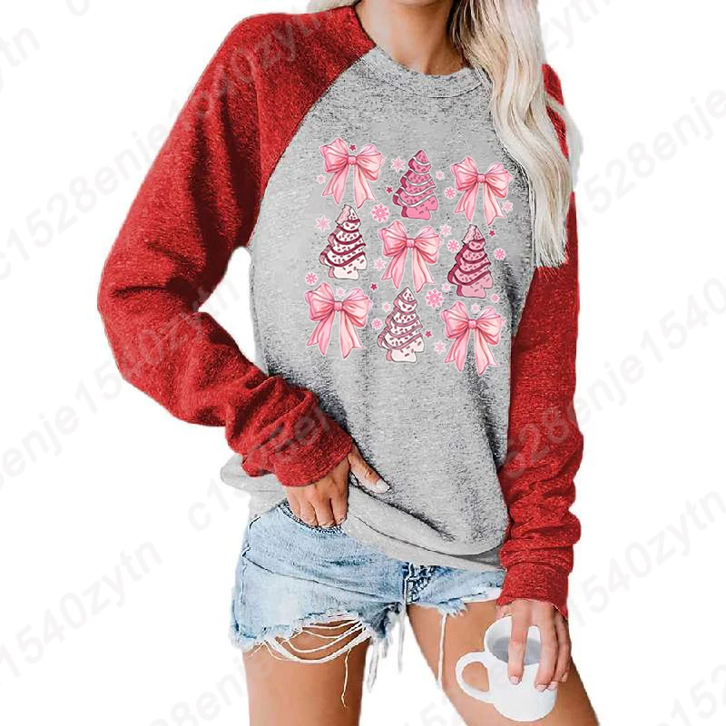 S-XXL Tops Autumn Winter Clothes Women Loose Long Sleeve Shirt Christmas Pink Bow Gingerbread Graphic Ladies Pullover Sweatshirt