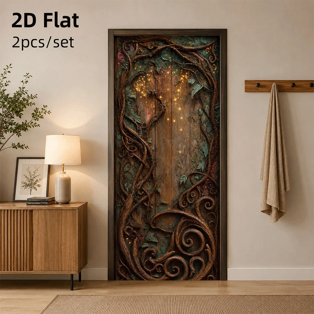 1 piece of magical fantasy vine door sticker with retro wooden texture and wrapped tree roots to create a mysterious atmosphere.