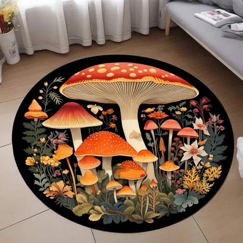 Mushroom Pattern Circle Carpet Utility Round Rug for Living Room Bedroom Deco Kitchen Under Table Floor Mat Non Slip Vintage Rug