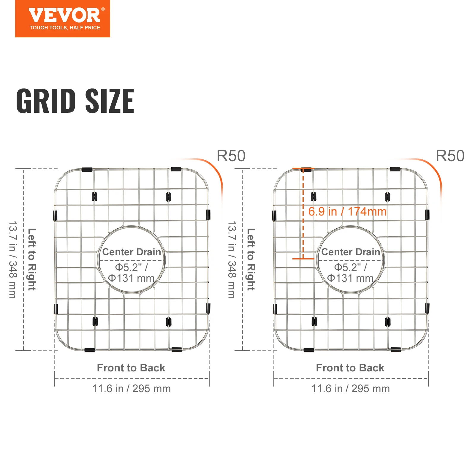 VEVOR 2PCS Sink Protector Grid Centered Drain Sink Grates with R50 Corner Radius Universal Bowl Rack Sink Accessory For Kitchen