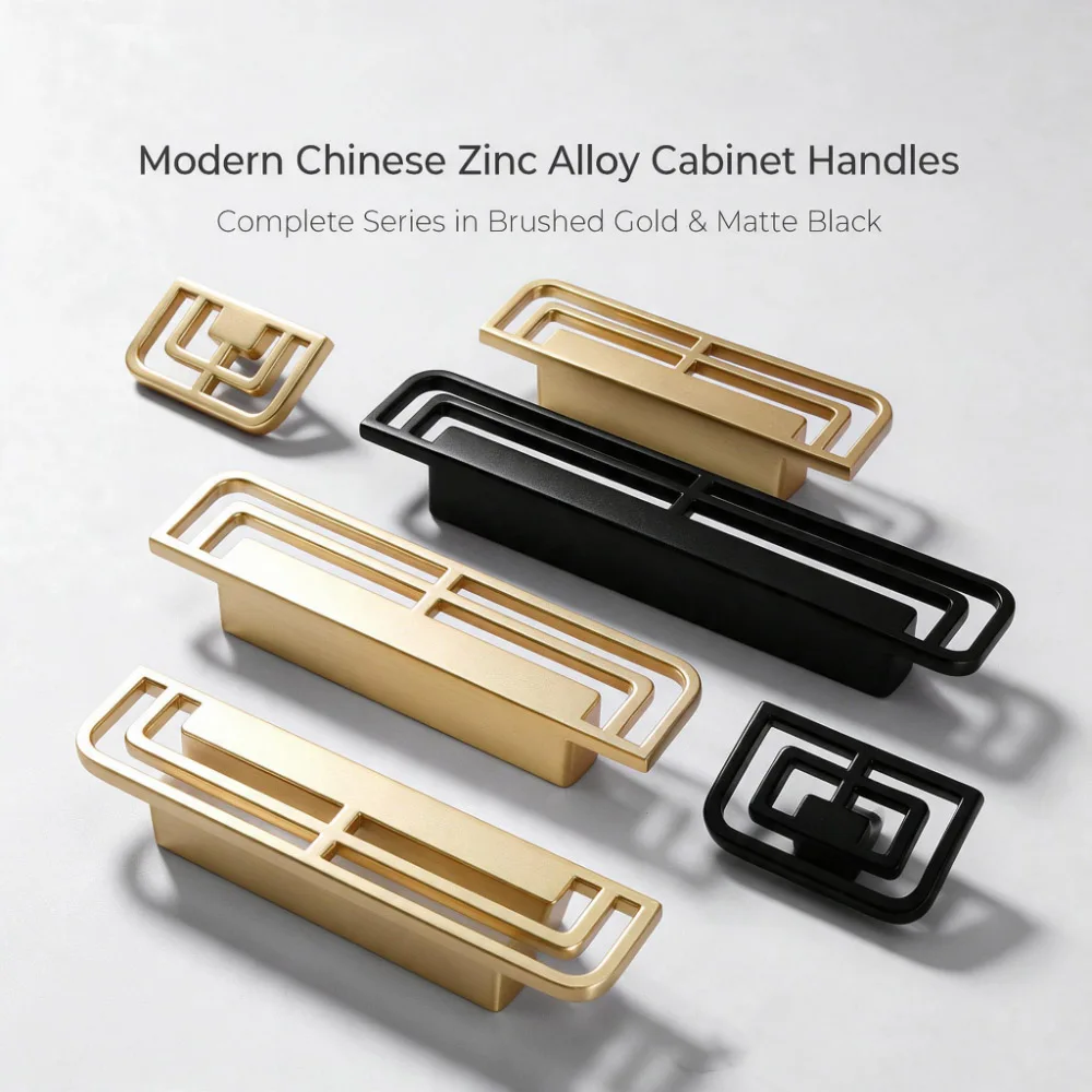 Chinese Style Gold Cabinet Door Handles, Metal Veneer Drawer and Wardrobe Handles, Modern Design with Mounting Hardware