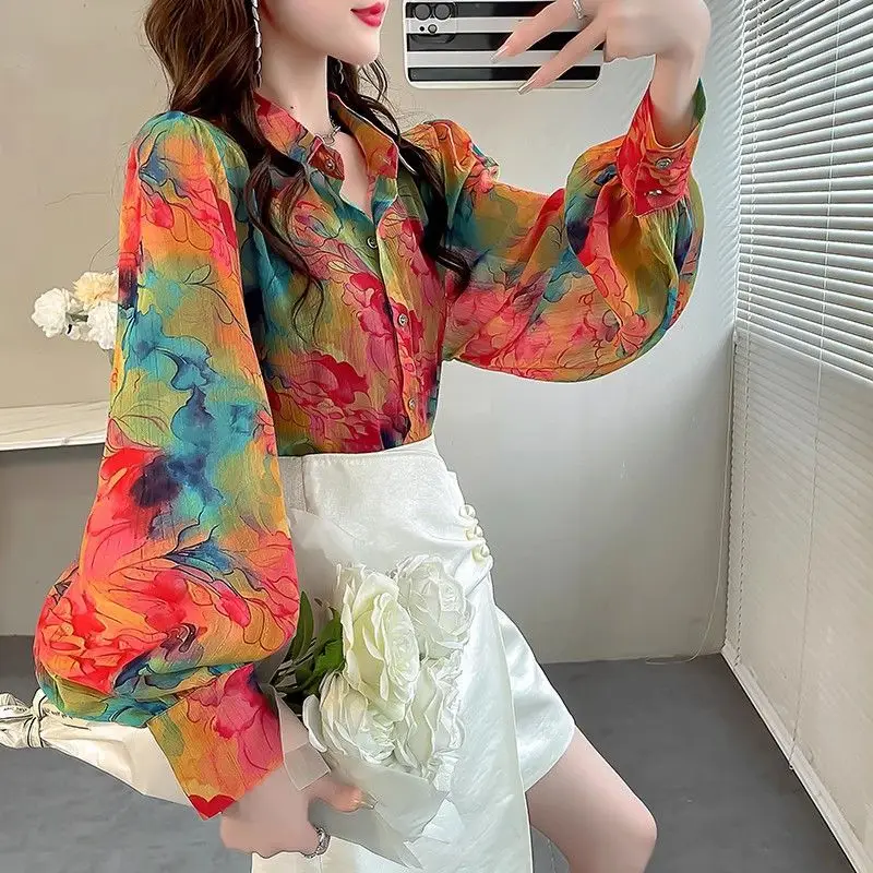 2024 New Summer Oversized High Waist Chic Bohemian Retro Office Lady Women\'s Shirt Irregular Print V Neck Long Sleeve Y2K Tops