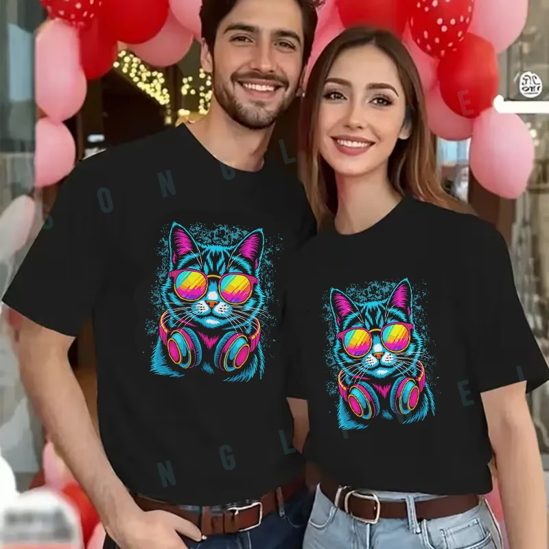 

Неоновая футболка с принтом DJ Cat, мужская и женская летняя новая повседневная футболка, модный топ с короткими рукавами в стиле мото, топ с короткими рукавами