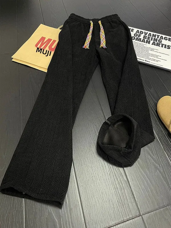 

American Style Fleece Lined Black Pants Men's Autumn Winter Heavy Wide Leg Sweatpants Cleanfit Straight Casual Trousers