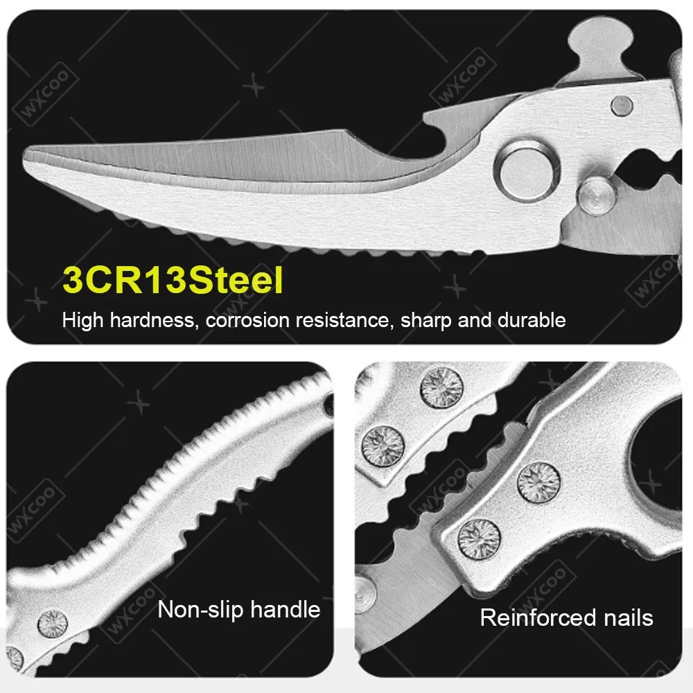 WXCOO Stainless Steel Kitchen Shears with Non-Slip Handle for Meat Cutting Turkey Fish Scale Barbecue Scissors