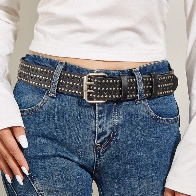 

Versatile Star Porous Personality Belts for Women's Leather Stud Belt Gothic Rock Wild Adjustable Women's Punk Black Waist Belt
