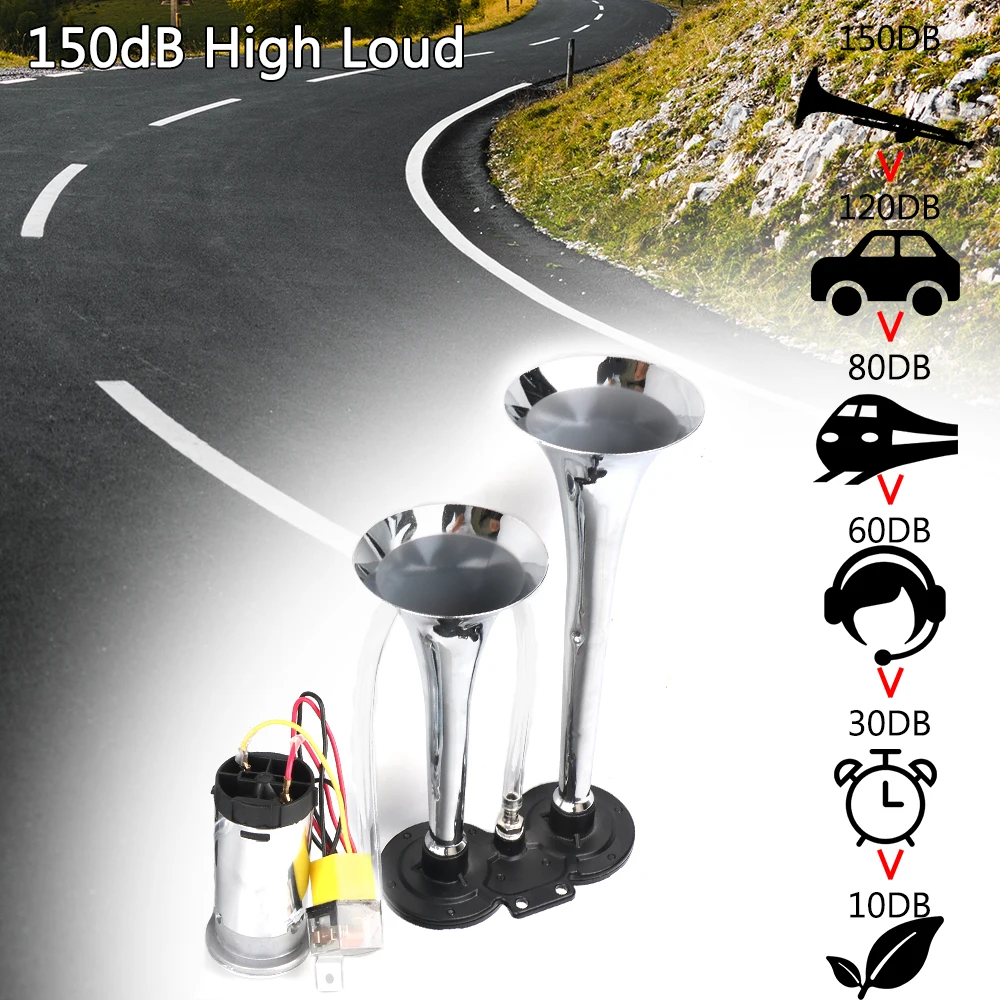 12V 150dB Loud Car Electric Horn For Motorcycle Boat Truck Modification With Air Compressor Dual Trumpets 12V 80A Relay