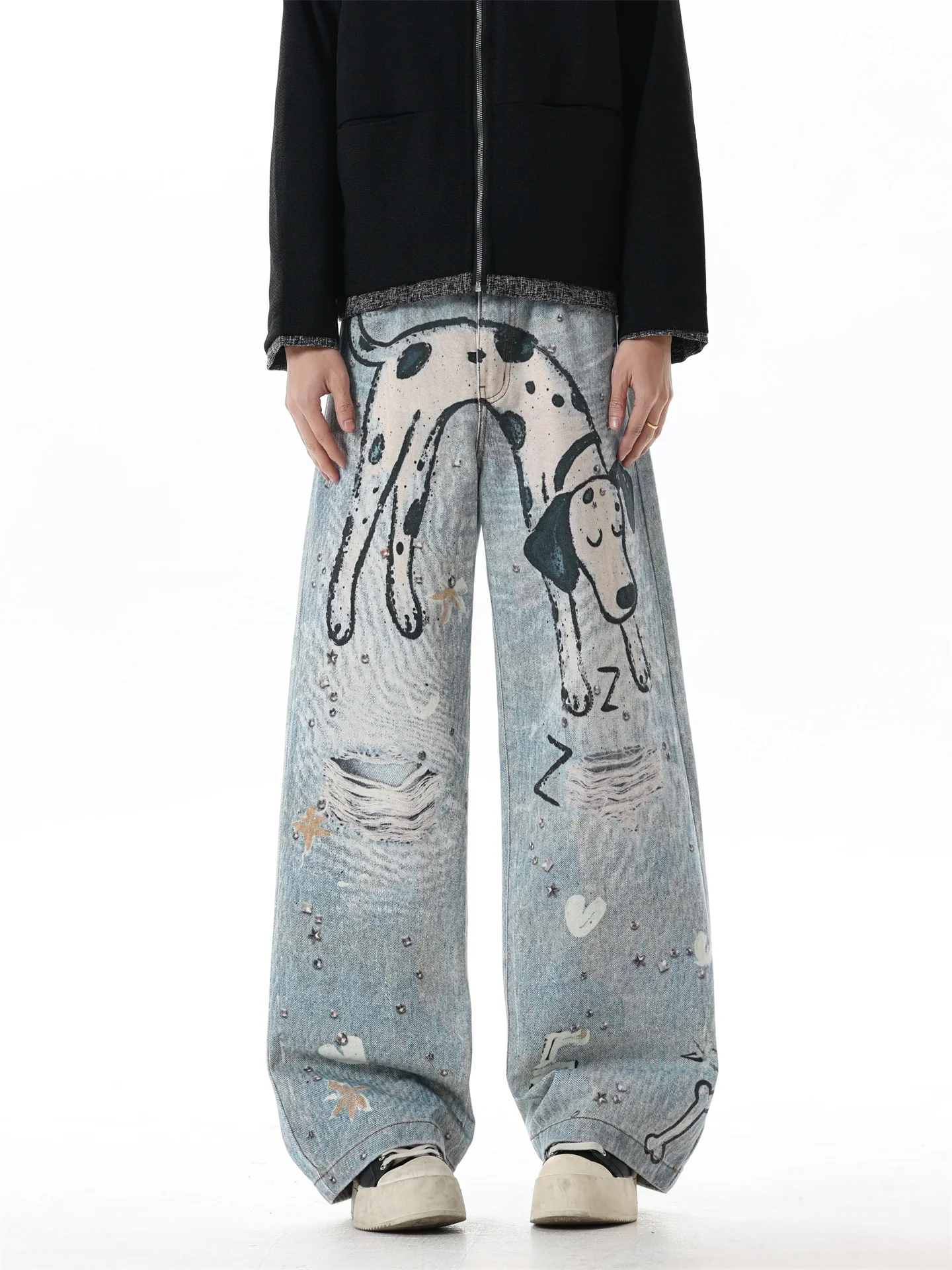 

Spot Dog Print Streetwear Jeans Men's Loose Straight Leg Casual Trousers Faionable Vintage Waed Denim mid Waist Zipper Fly