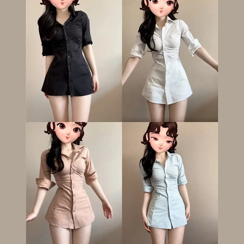 

2026 New Summer Women's French Style Waist Cinched Shirt Dress Elegant Slim Fit Button Down Blouse Top