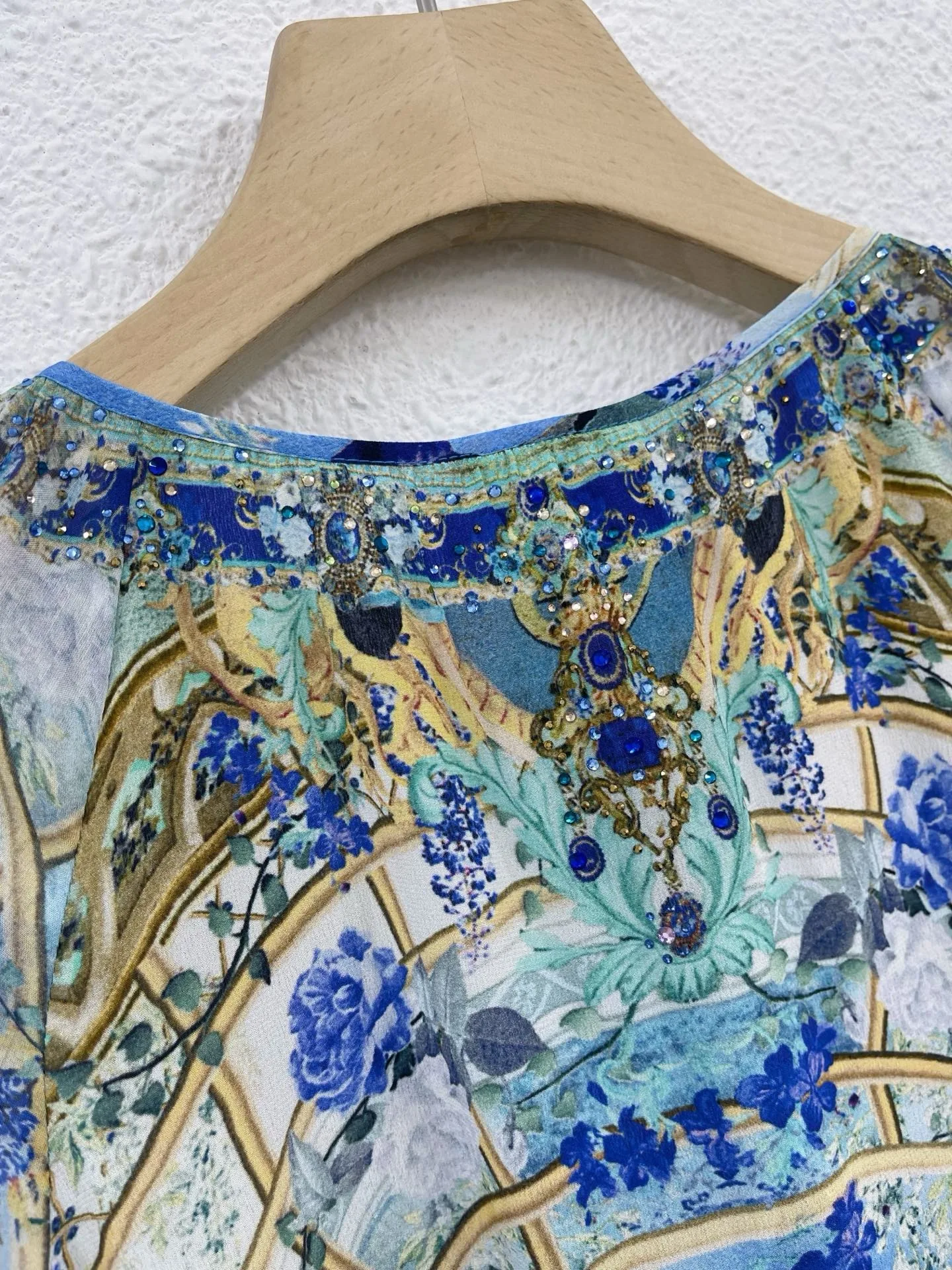 Women's 100% Real Silk Blue Printing Mini Dress Australian Flare Sleeve Boho Diamond Vintage Luxury Runway Designer