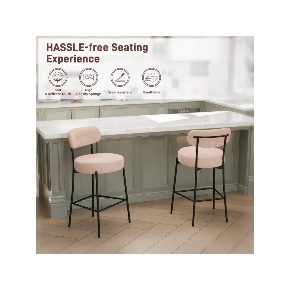 Beige Bar Stools Set of 2, 27.56 Inch Counter Height Barstools with Back, Modern Upholstered Boucle Seat Cushion, Sturdy Metal Legs for Kitchen Island, Dining Room, Living Room, Home Bar view 8