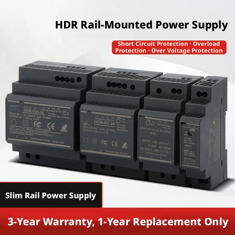 DIN Rail Power Supply HDR Series: 30W–100W, 12V/24V Output, Pure Copper Transformer, 6-Level Circuit Protection, CE Certified