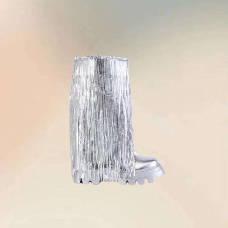 シルバータッセル装飾ウェーブパターンボトムブーツ弾性バンド女性靴ハイカットファッションパーティー宴会2024 zapatos para mujer