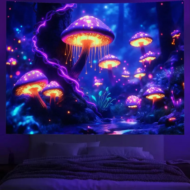 VIKAMA Psychedelic Magic Mushroom Tapestry Enchanted Forest Fantasy Wall Hanging Aesthetic Decor Bedroom Dorm Living Room