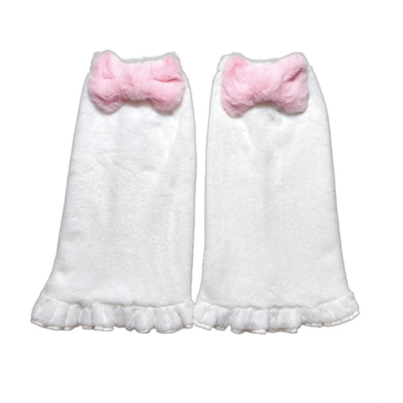 Women Girls Winter Warm Plush Leg Warmers Harajuku Sweet Bowknot Ruffled Hem Foot Cover Sleeves Knee High