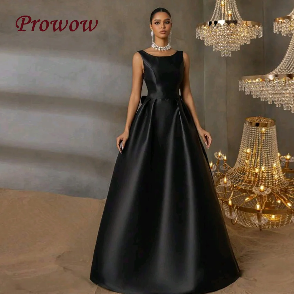 

Prowow Elegant Black Formal Evening Dresses Pleats Satin O Neck A Line Wedding Party Gown Sleeveless Bridesmaid Dress Customized