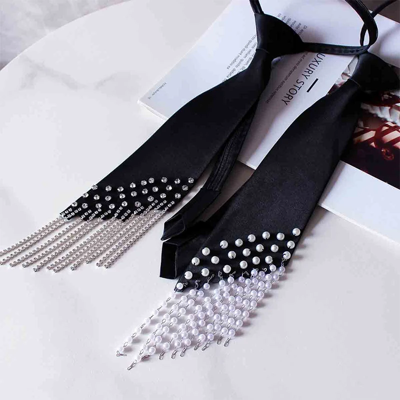 Punk Gothic Necktie Metal Chain Crystal Pearl Pendant Bowtie Adjustable Pre-tied Ties JK Dress Shirt Decoration Evening Jewelry