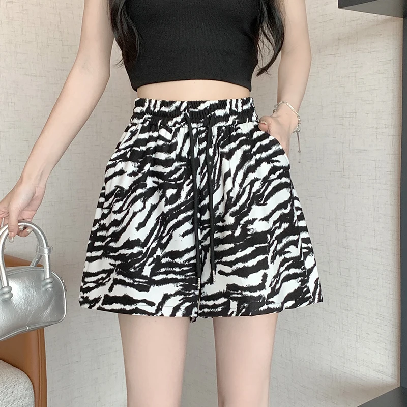 Summer Zebra Print Ice Silk Quick Dry Casual Shorts Women's Slim Straight Casual High Waist A-Line Sports Pants