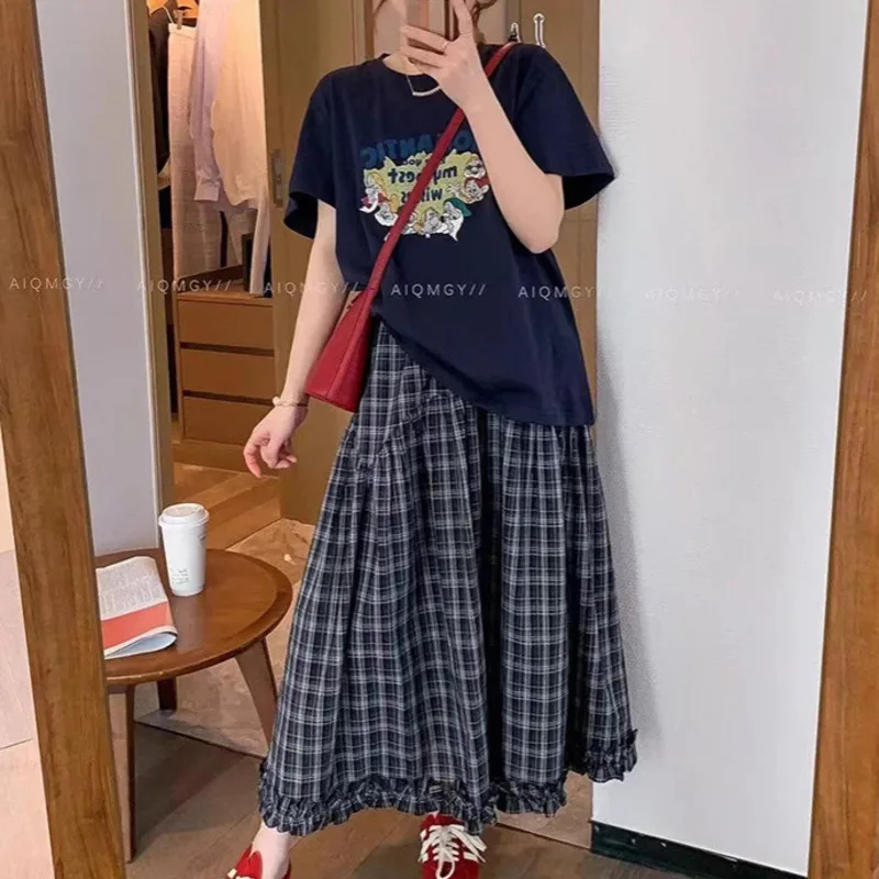 Rok Gaun Kotak-kotak Wanita Musim Panas Y2K Rok Kue Kotak-kotak Renda Retro Korea Rok Setengah Panjang Penutup Daging Rok A-line Baru