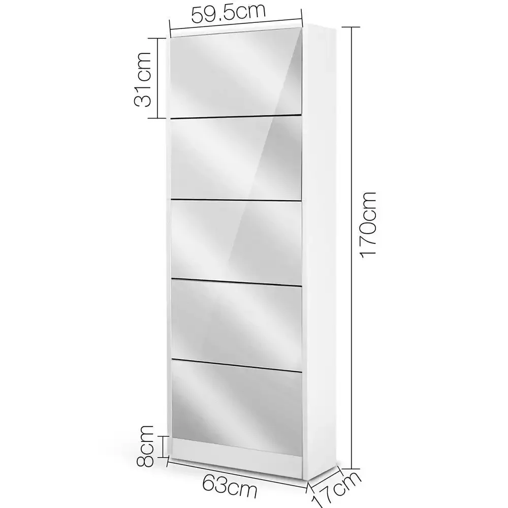 Mirrored Shoe Cabinet Storage 5 Drawers Shelf White