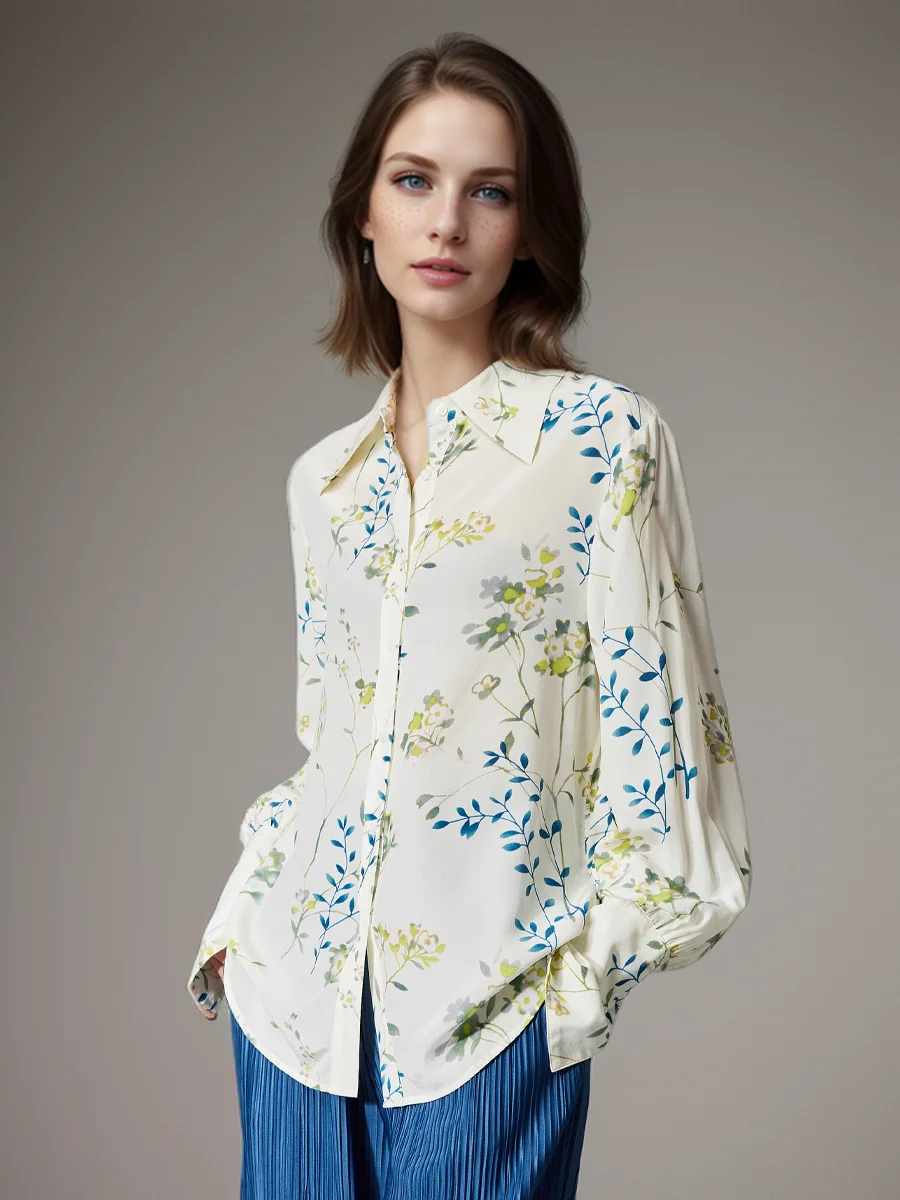 SuyaDream, Women Floral Shirts, 100%Real Silk, Turn Down Collar, Printed Chic Blouses, 2025 Spring Summer Office Lady Top